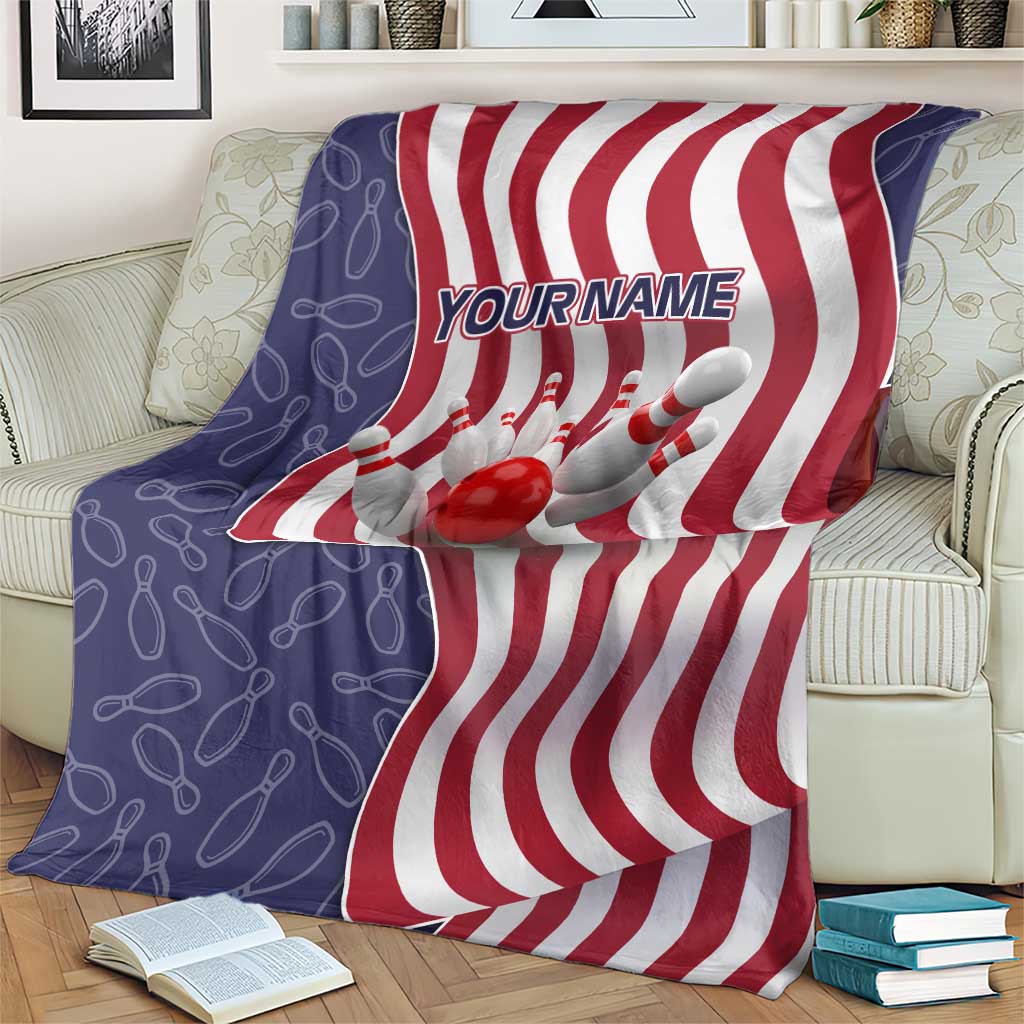 American Flag Bowling Pin Strike Graphic Blanket with Custom Name and Pattern Background - Wonder Print Shop