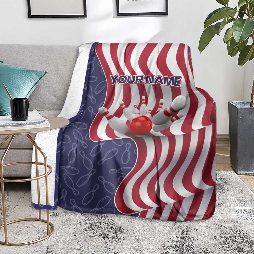 American Flag Bowling Pin Strike Graphic Blanket with Custom Name and Pattern Background - Wonder Print Shop