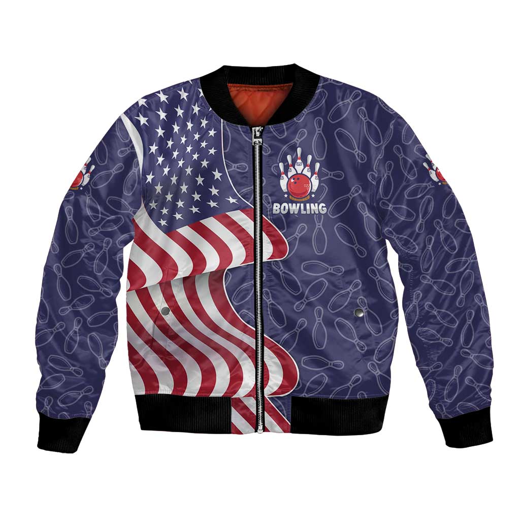 American Flag Bowling Pin Strike Graphic Bomber Jacket with Custom Name and Pattern Background - Wonder Print Shop
