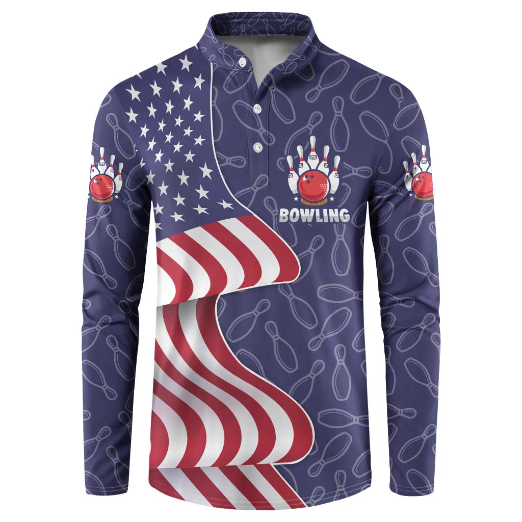 American Flag Bowling Pin Strike Graphic Button Sweatshirt with Custom Name and Pattern Background - Wonder Print Shop