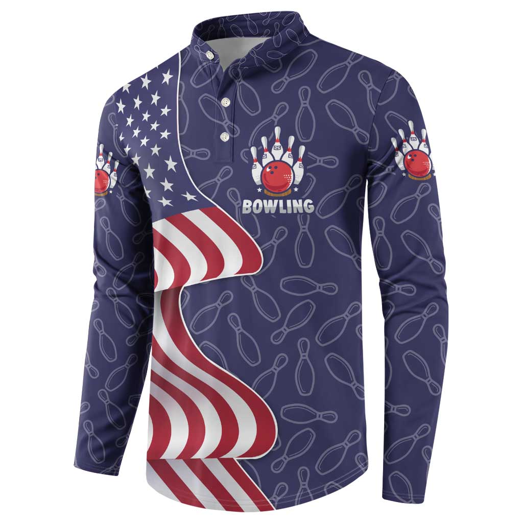 American Flag Bowling Pin Strike Graphic Button Sweatshirt with Custom Name and Pattern Background - Wonder Print Shop