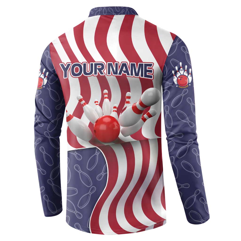 American Flag Bowling Pin Strike Graphic Button Sweatshirt with Custom Name and Pattern Background - Wonder Print Shop