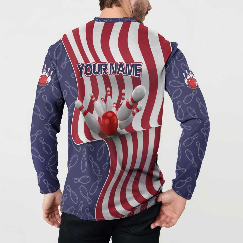 American Flag Bowling Pin Strike Graphic Button Sweatshirt with Custom Name and Pattern Background - Wonder Print Shop