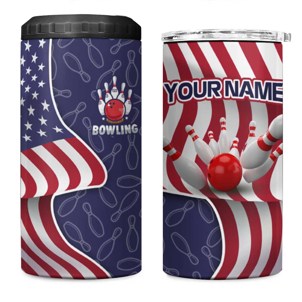 American Flag Bowling Pin Strike Graphic 4 in 1 Can Cooler Tumbler with Custom Name and Pattern Background - Wonder Print Shop