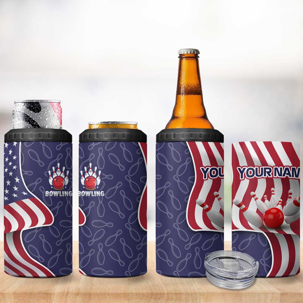 American Flag Bowling Pin Strike Graphic 4 in 1 Can Cooler Tumbler with Custom Name and Pattern Background - Wonder Print Shop