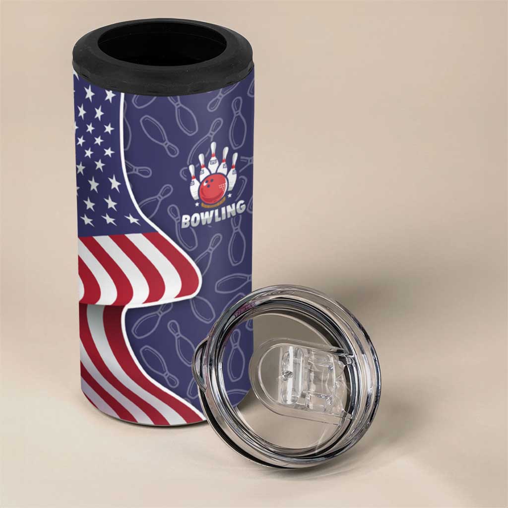 American Flag Bowling Pin Strike Graphic 4 in 1 Can Cooler Tumbler with Custom Name and Pattern Background - Wonder Print Shop