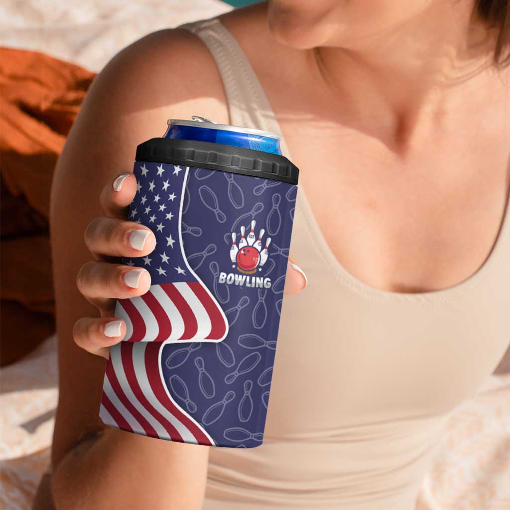 American Flag Bowling Pin Strike Graphic 4 in 1 Can Cooler Tumbler with Custom Name and Pattern Background - Wonder Print Shop