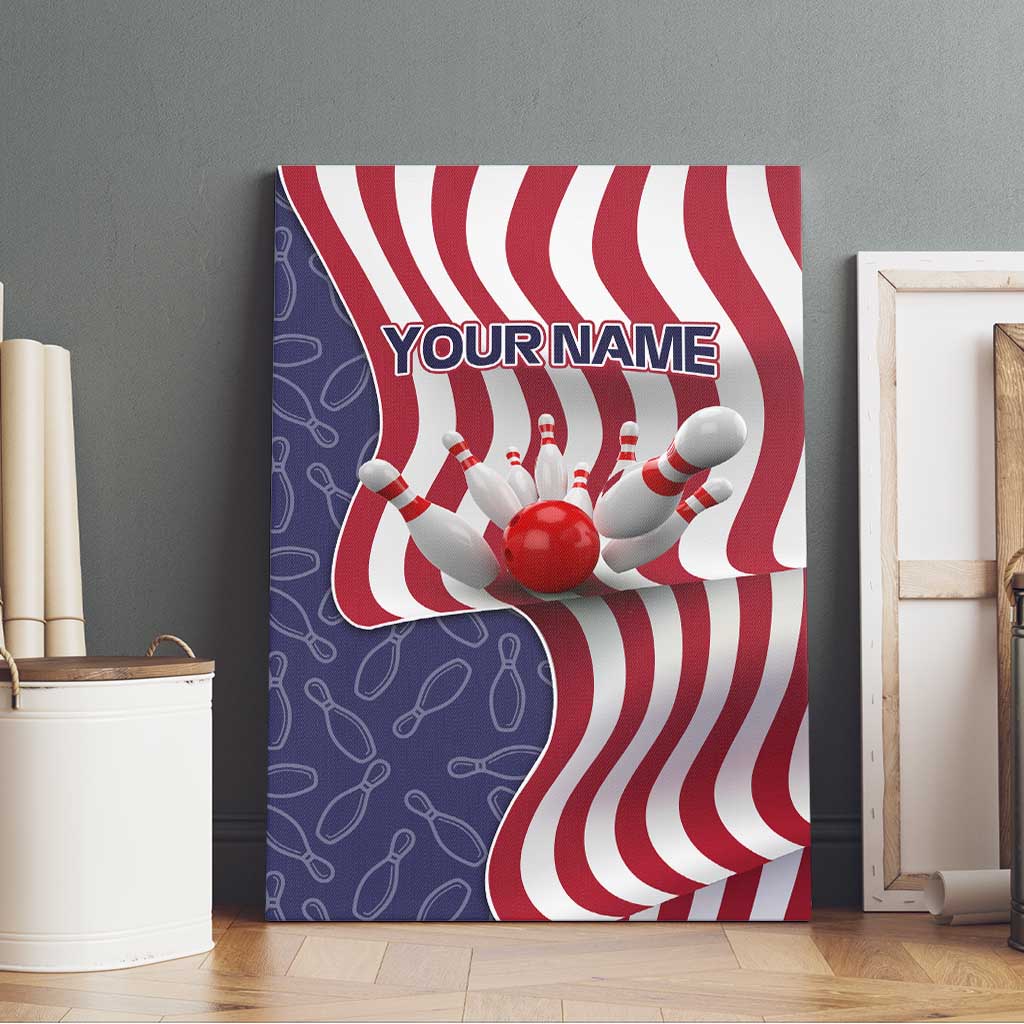 American Flag Bowling Pin Strike Graphic Canvas Wall Art with Custom Name and Pattern Background - Wonder Print Shop