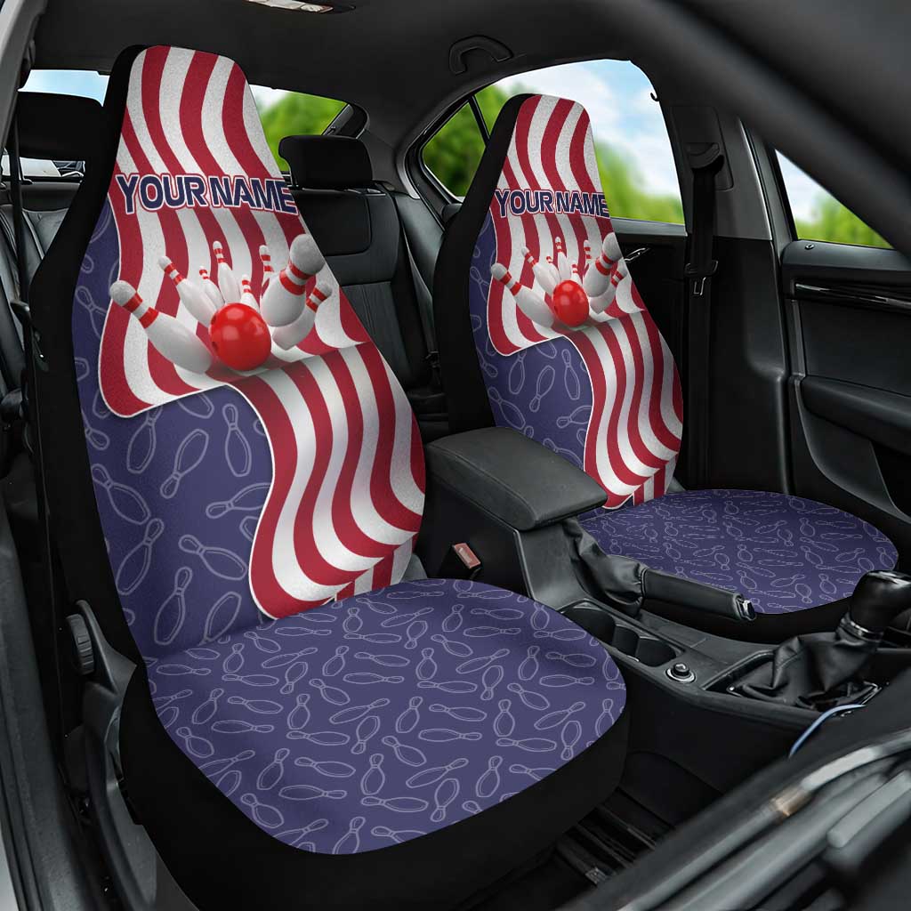 American Flag Bowling Pin Strike Graphic Car Seat Cover with Custom Name and Pattern Background - Wonder Print Shop