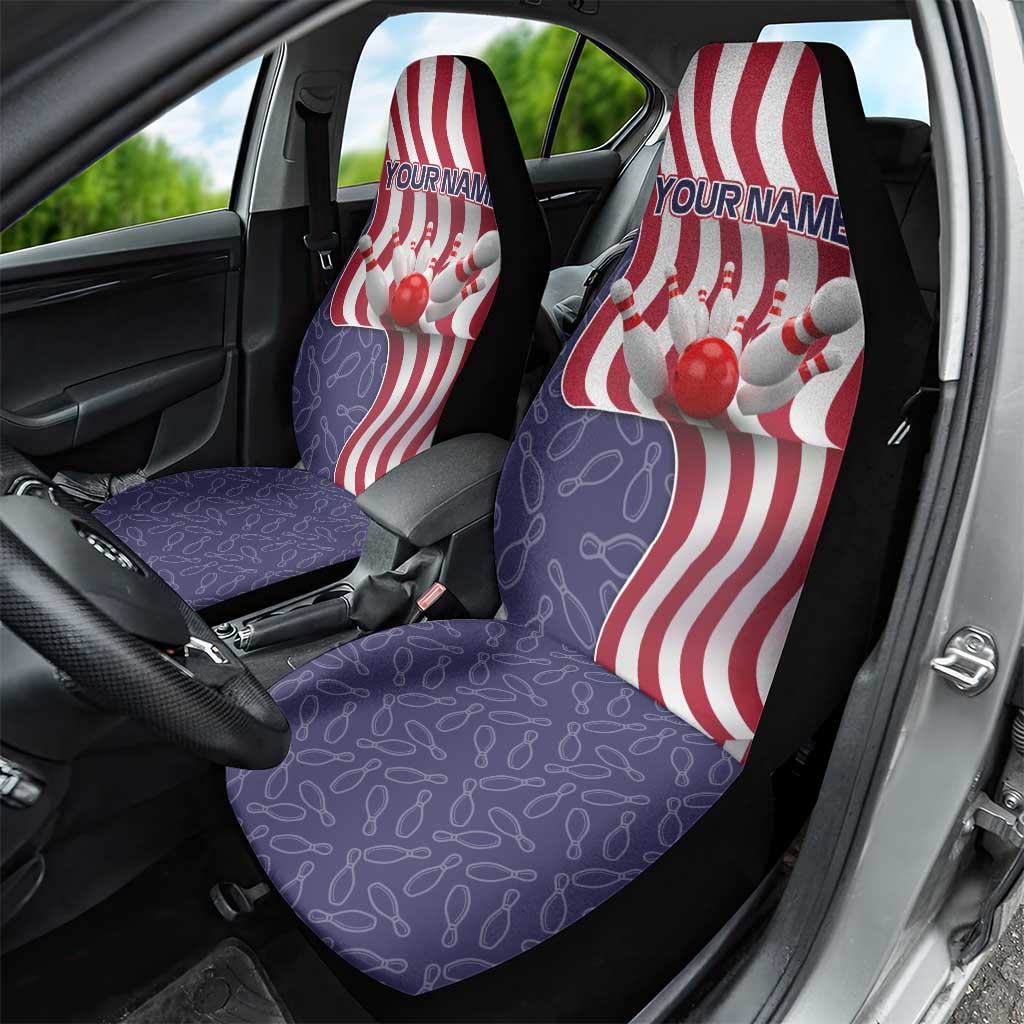 American Flag Bowling Pin Strike Graphic Car Seat Cover with Custom Name and Pattern Background - Wonder Print Shop