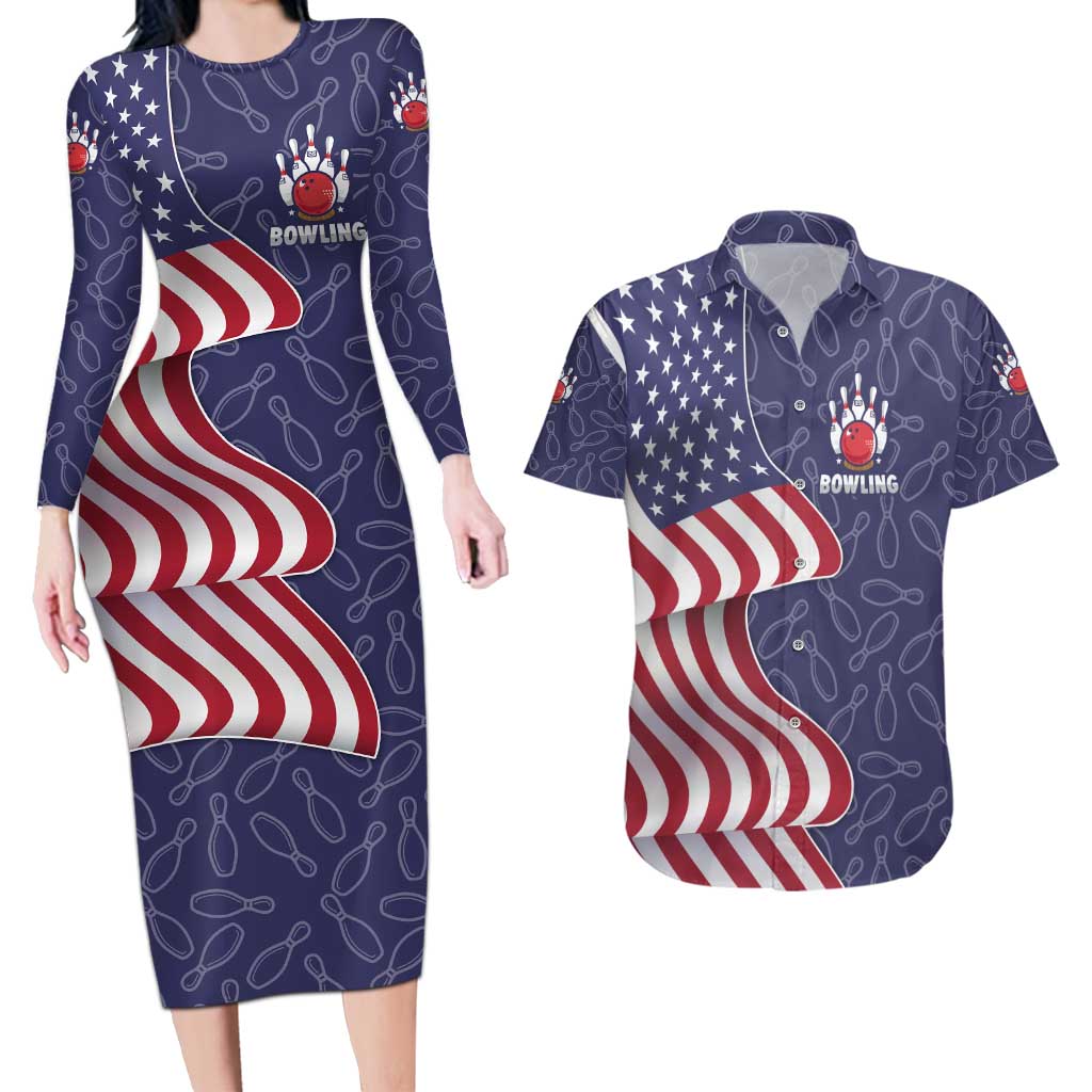 American Flag Bowling Pin Strike Graphic Couples Matching Long Sleeve Bodycon Dress and Hawaiian Shirt with Custom Name and Pattern Background - Wonder Print Shop