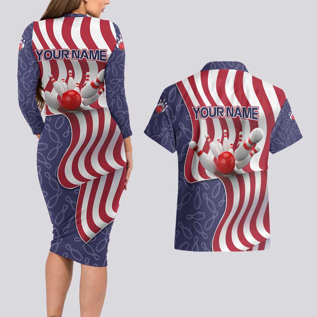 American Flag Bowling Pin Strike Graphic Couples Matching Long Sleeve Bodycon Dress and Hawaiian Shirt with Custom Name and Pattern Background - Wonder Print Shop