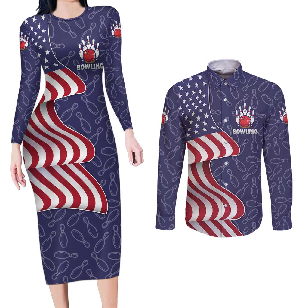 American Flag Bowling Pin Strike Graphic Couples Matching Long Sleeve Bodycon Dress and Long Sleeve Button Shirt with Custom Name and Pattern Background - Wonder Print Shop