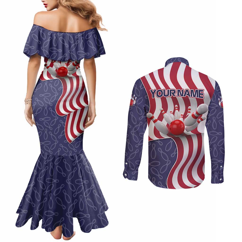 American Flag Bowling Pin Strike Graphic Couples Matching Mermaid Dress and Long Sleeve Button Shirt with Custom Name and Pattern Background - Wonder Print Shop