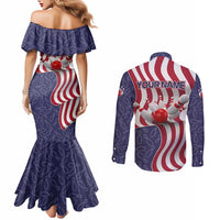American Flag Bowling Pin Strike Graphic Couples Matching Mermaid Dress and Long Sleeve Button Shirt with Custom Name and Pattern Background - Wonder Print Shop