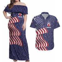 American Flag Bowling Pin Strike Graphic Couples Matching Off Shoulder Maxi Dress and Hawaiian Shirt with Custom Name and Pattern Background - Wonder Print Shop