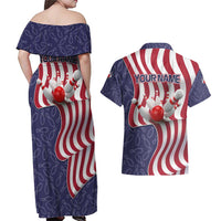 American Flag Bowling Pin Strike Graphic Couples Matching Off Shoulder Maxi Dress and Hawaiian Shirt with Custom Name and Pattern Background - Wonder Print Shop