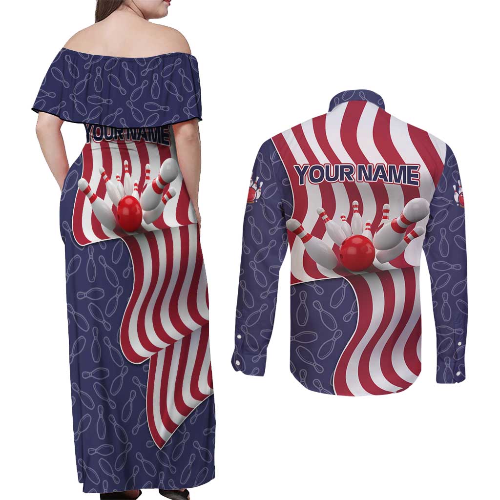 American Flag Bowling Pin Strike Graphic Couples Matching Off Shoulder Maxi Dress and Long Sleeve Button Shirt with Custom Name and Pattern Background - Wonder Print Shop