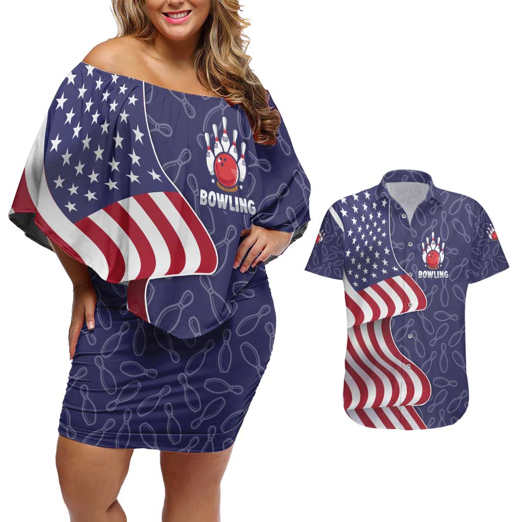 American Flag Bowling Pin Strike Graphic Couples Matching Off Shoulder Short Dress and Hawaiian Shirt with Custom Name and Pattern Background - Wonder Print Shop