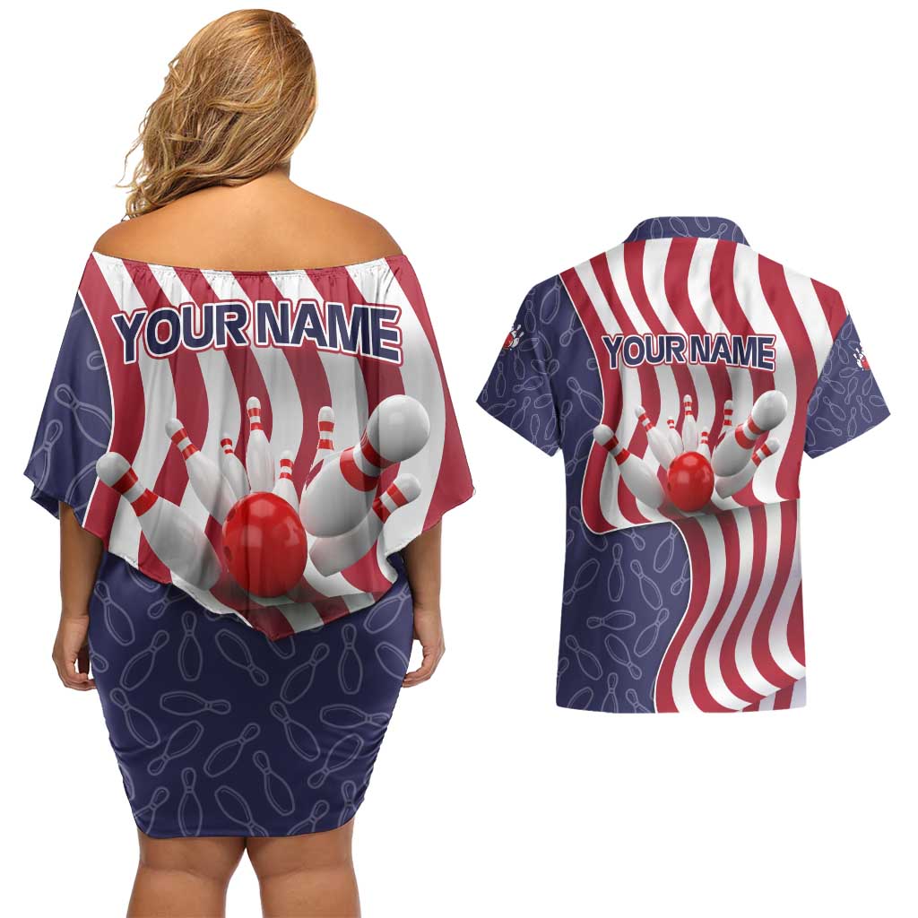 American Flag Bowling Pin Strike Graphic Couples Matching Off Shoulder Short Dress and Hawaiian Shirt with Custom Name and Pattern Background - Wonder Print Shop