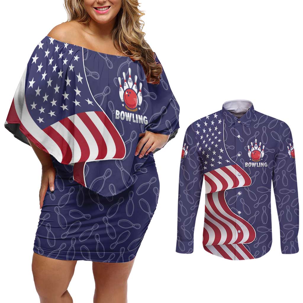 American Flag Bowling Pin Strike Graphic Couples Matching Off Shoulder Short Dress and Long Sleeve Button Shirt with Custom Name and Pattern Background - Wonder Print Shop