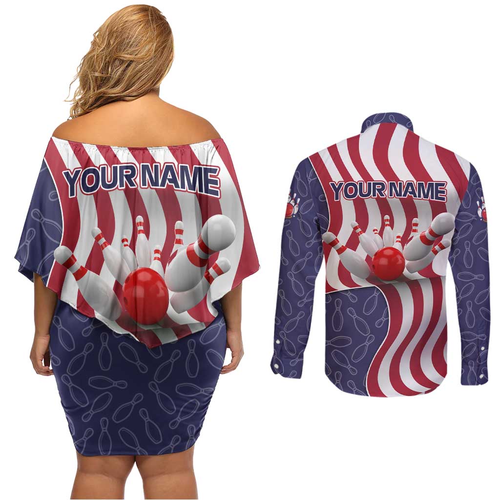 American Flag Bowling Pin Strike Graphic Couples Matching Off Shoulder Short Dress and Long Sleeve Button Shirt with Custom Name and Pattern Background - Wonder Print Shop