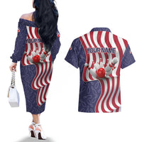 American Flag Bowling Pin Strike Graphic Couples Matching Off The Shoulder Long Sleeve Dress and Hawaiian Shirt with Custom Name and Pattern Background - Wonder Print Shop