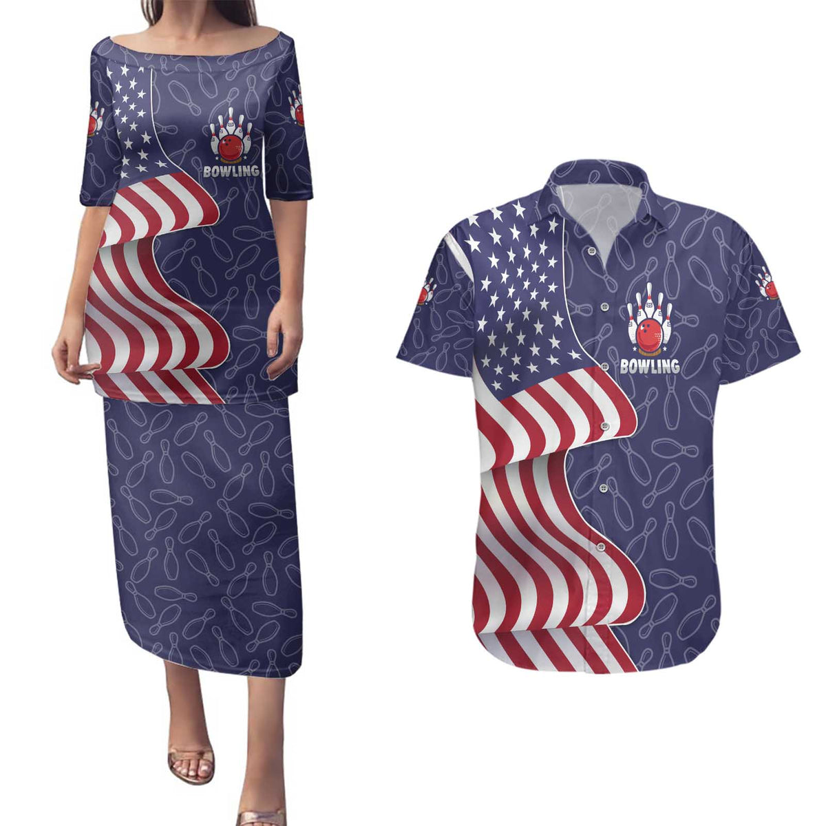 American Flag Bowling Pin Strike Graphic Couples Matching Puletasi and Hawaiian Shirt with Custom Name and Pattern Background - Wonder Print Shop