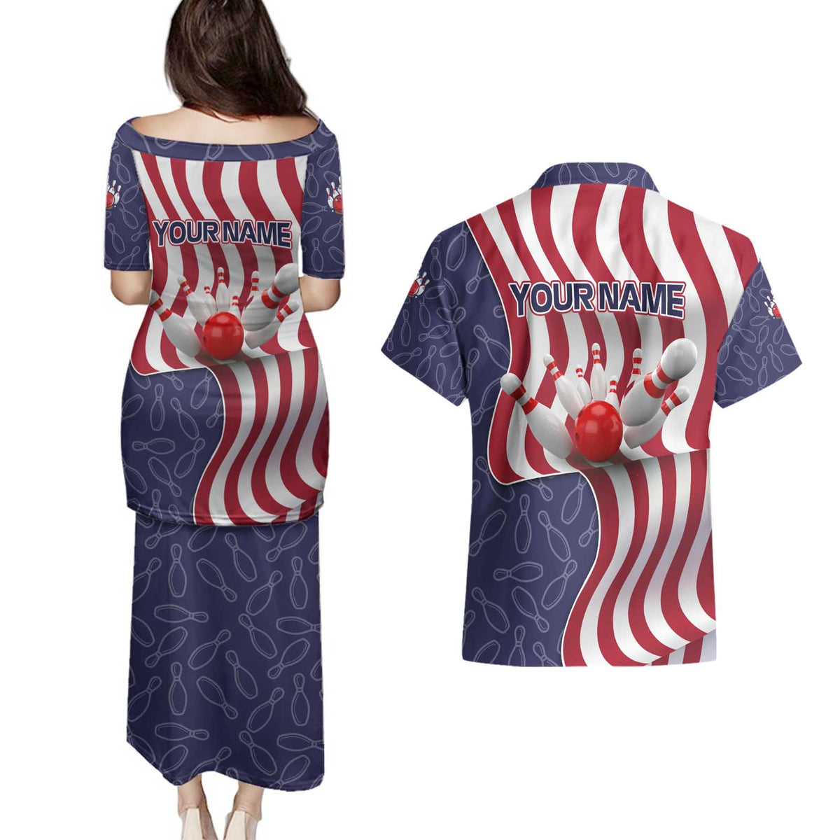 American Flag Bowling Pin Strike Graphic Couples Matching Puletasi and Hawaiian Shirt with Custom Name and Pattern Background - Wonder Print Shop