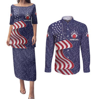 American Flag Bowling Pin Strike Graphic Couples Matching Puletasi and Long Sleeve Button Shirt with Custom Name and Pattern Background - Wonder Print Shop