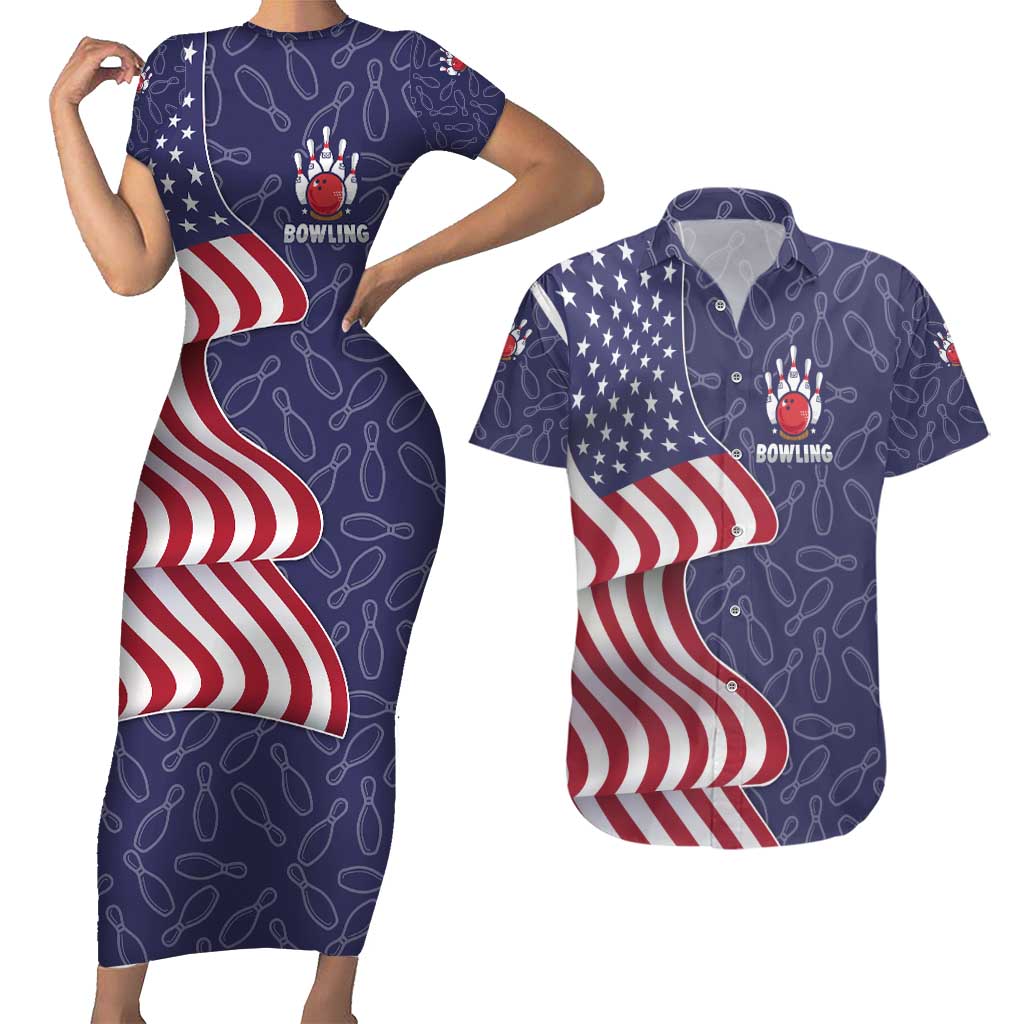 American Flag Bowling Pin Strike Graphic Couples Matching Short Sleeve Bodycon Dress and Hawaiian Shirt with Custom Name and Pattern Background - Wonder Print Shop