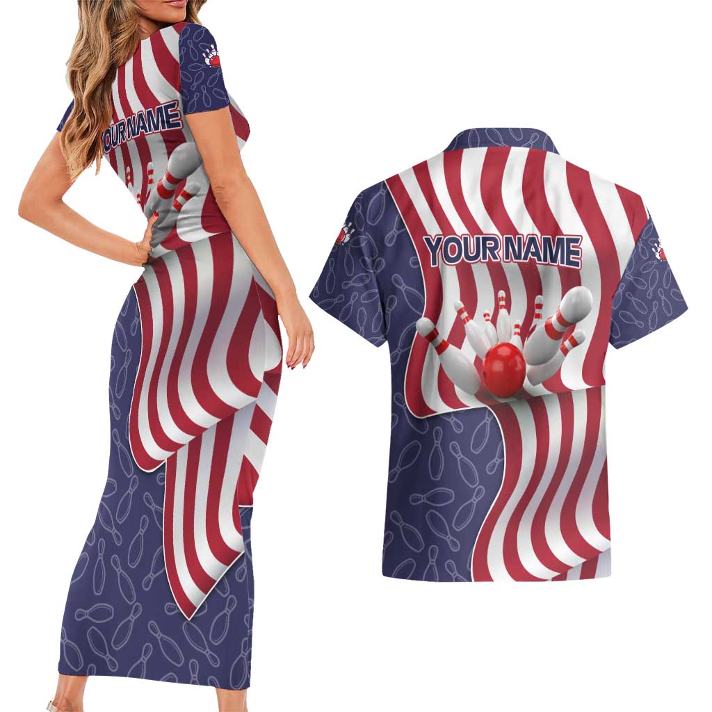 American Flag Bowling Pin Strike Graphic Couples Matching Short Sleeve Bodycon Dress and Hawaiian Shirt with Custom Name and Pattern Background - Wonder Print Shop
