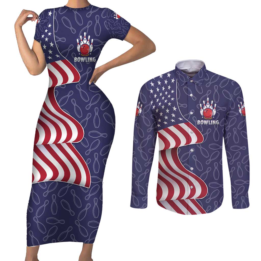 American Flag Bowling Pin Strike Graphic Couples Matching Short Sleeve Bodycon Dress and Long Sleeve Button Shirt with Custom Name and Pattern Background - Wonder Print Shop