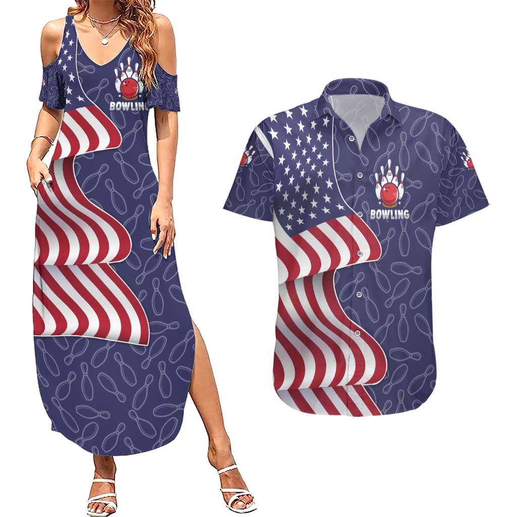 American Flag Bowling Pin Strike Graphic Couples Matching Summer Maxi Dress and Hawaiian Shirt with Custom Name and Pattern Background - Wonder Print Shop