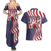 American Flag Bowling Pin Strike Graphic Couples Matching Summer Maxi Dress and Hawaiian Shirt with Custom Name and Pattern Background - Wonder Print Shop