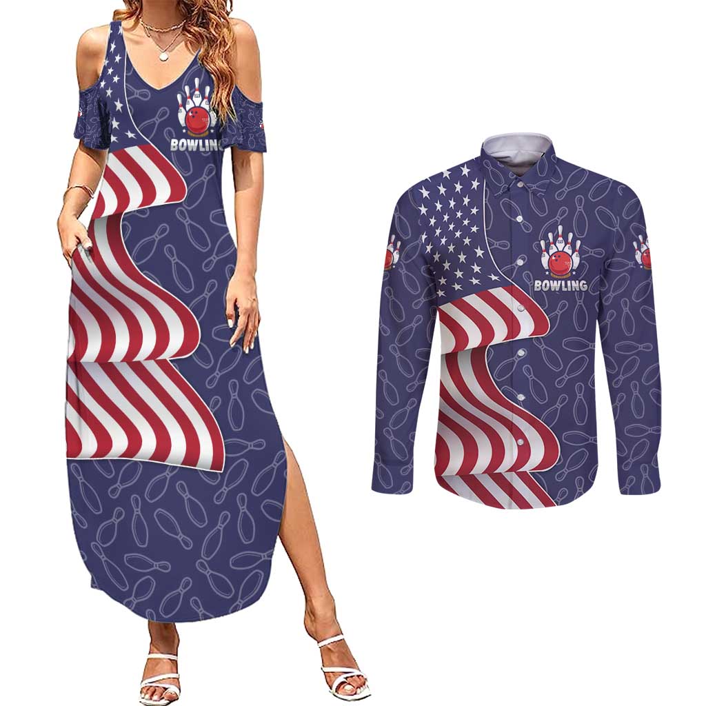 American Flag Bowling Pin Strike Graphic Couples Matching Summer Maxi Dress and Long Sleeve Button Shirt with Custom Name and Pattern Background - Wonder Print Shop