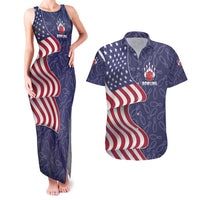 American Flag Bowling Pin Strike Graphic Couples Matching Tank Maxi Dress and Hawaiian Shirt with Custom Name and Pattern Background - Wonder Print Shop