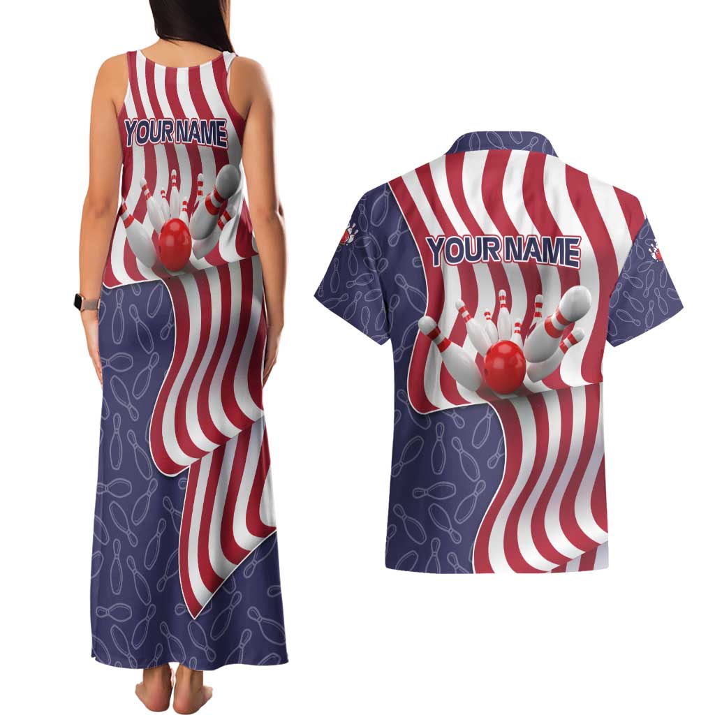American Flag Bowling Pin Strike Graphic Couples Matching Tank Maxi Dress and Hawaiian Shirt with Custom Name and Pattern Background - Wonder Print Shop