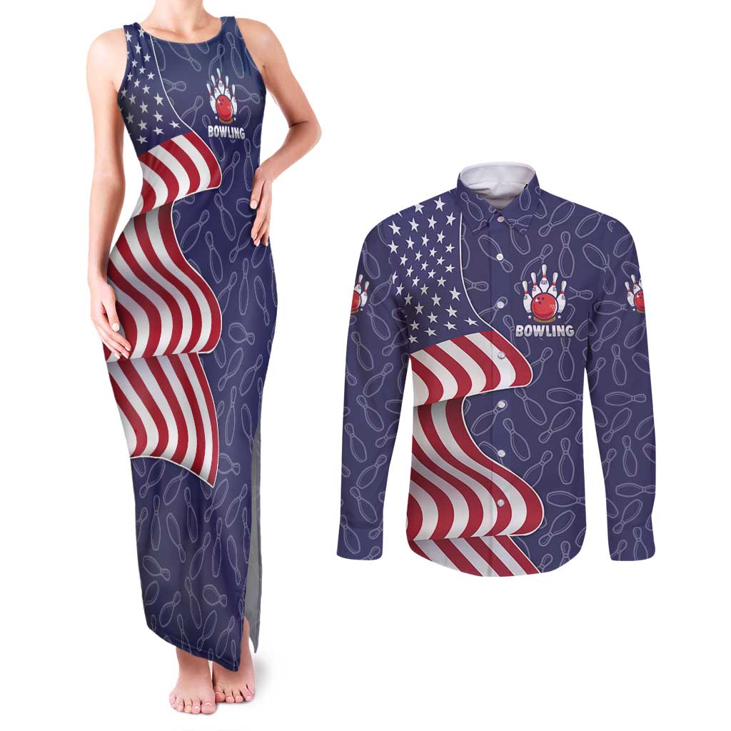 American Flag Bowling Pin Strike Graphic Couples Matching Tank Maxi Dress and Long Sleeve Button Shirt with Custom Name and Pattern Background - Wonder Print Shop