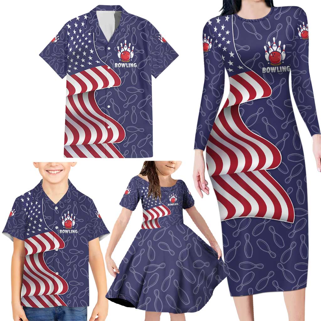 American Flag Bowling Pin Strike Graphic Family Matching Long Sleeve Bodycon Dress and Hawaiian Shirt with Custom Name and Pattern Background - Wonder Print Shop