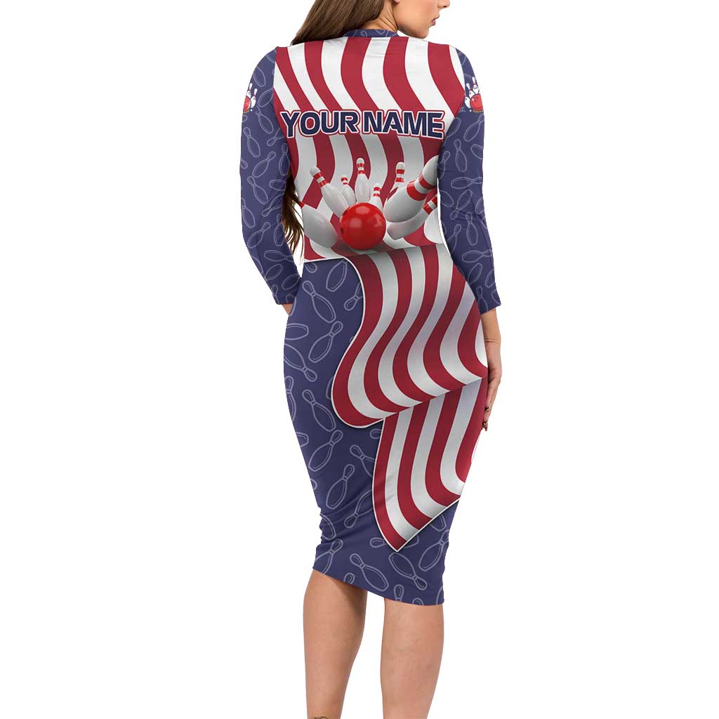 American Flag Bowling Pin Strike Graphic Family Matching Long Sleeve Bodycon Dress and Hawaiian Shirt with Custom Name and Pattern Background - Wonder Print Shop