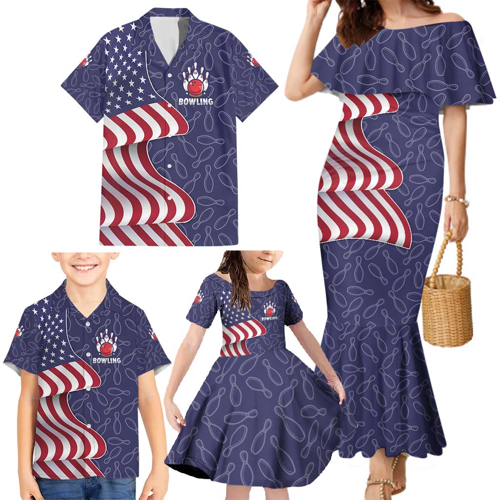 American Flag Bowling Pin Strike Graphic Family Matching Mermaid Dress and Hawaiian Shirt with Custom Name and Pattern Background - Wonder Print Shop