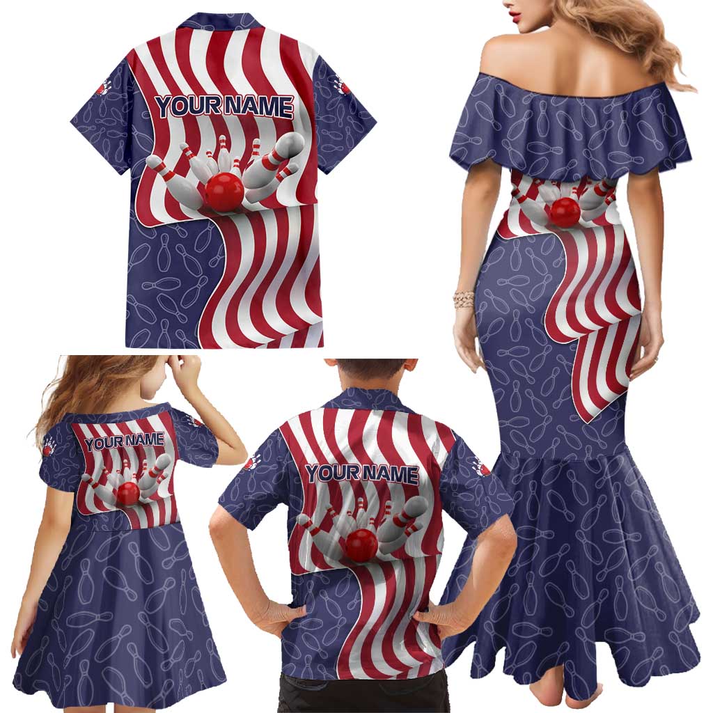 American Flag Bowling Pin Strike Graphic Family Matching Mermaid Dress and Hawaiian Shirt with Custom Name and Pattern Background - Wonder Print Shop