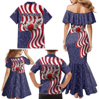 American Flag Bowling Pin Strike Graphic Family Matching Mermaid Dress and Hawaiian Shirt with Custom Name and Pattern Background - Wonder Print Shop