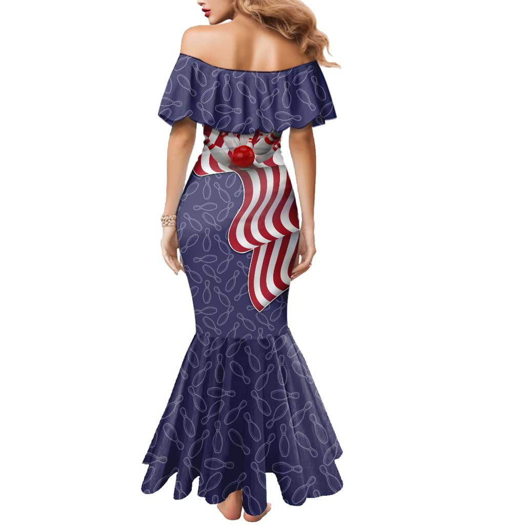 American Flag Bowling Pin Strike Graphic Family Matching Mermaid Dress and Hawaiian Shirt with Custom Name and Pattern Background - Wonder Print Shop
