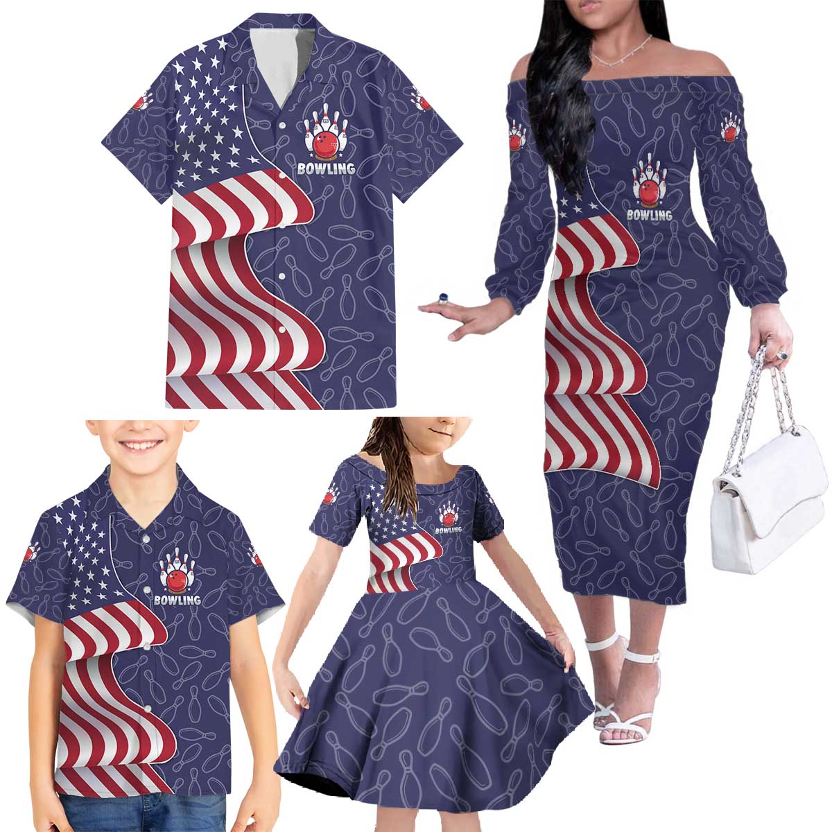 American Flag Bowling Pin Strike Graphic Family Matching Off The Shoulder Long Sleeve Dress and Hawaiian Shirt with Custom Name and Pattern Background - Wonder Print Shop