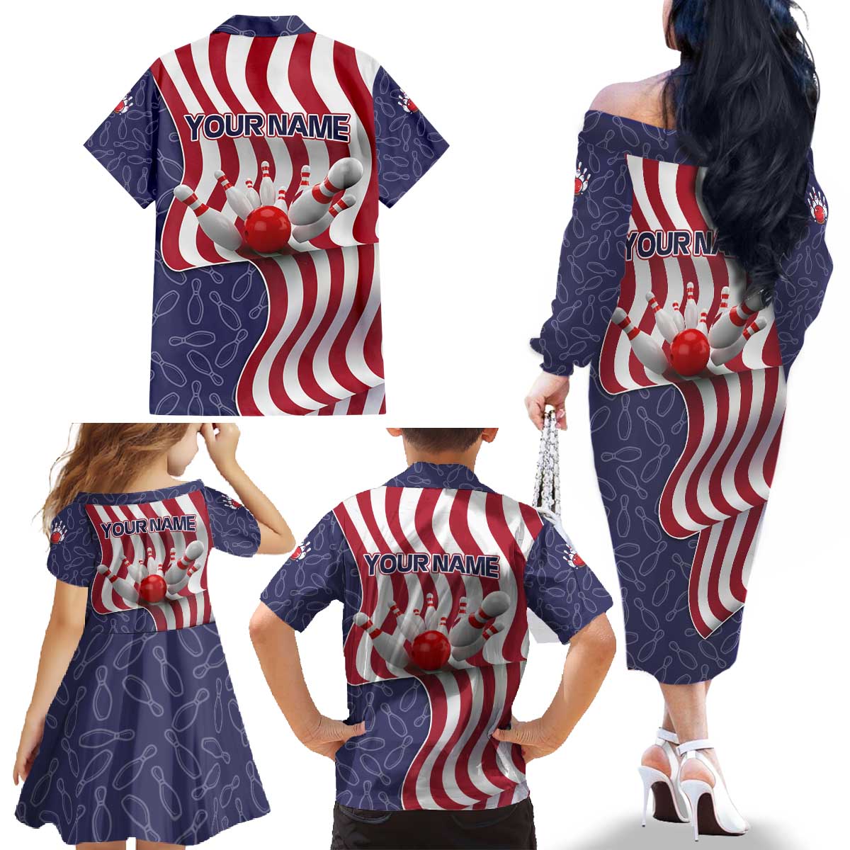 American Flag Bowling Pin Strike Graphic Family Matching Off The Shoulder Long Sleeve Dress and Hawaiian Shirt with Custom Name and Pattern Background - Wonder Print Shop