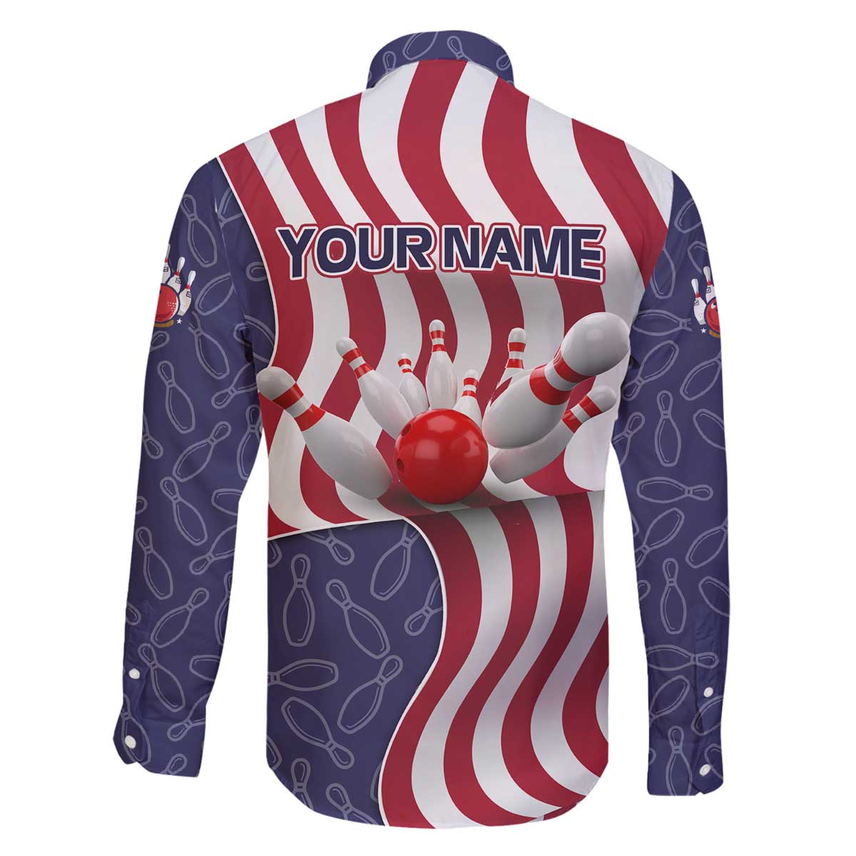 American Flag Bowling Pin Strike Graphic Family Matching Off The Shoulder Long Sleeve Dress and Hawaiian Shirt with Custom Name and Pattern Background - Wonder Print Shop