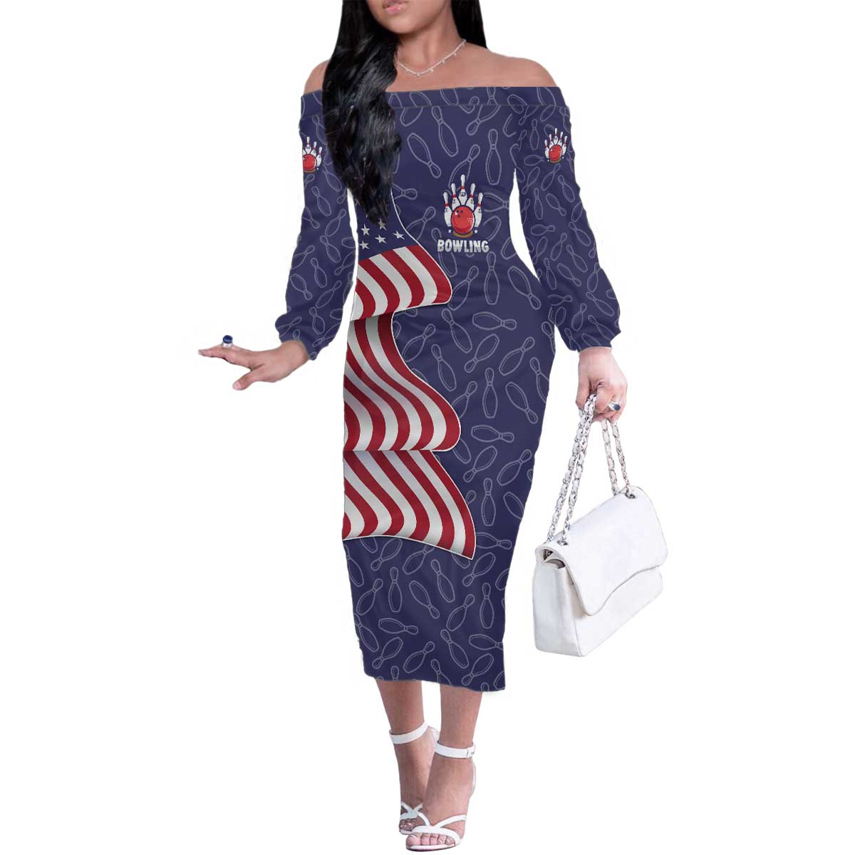 American Flag Bowling Pin Strike Graphic Family Matching Off The Shoulder Long Sleeve Dress and Hawaiian Shirt with Custom Name and Pattern Background - Wonder Print Shop