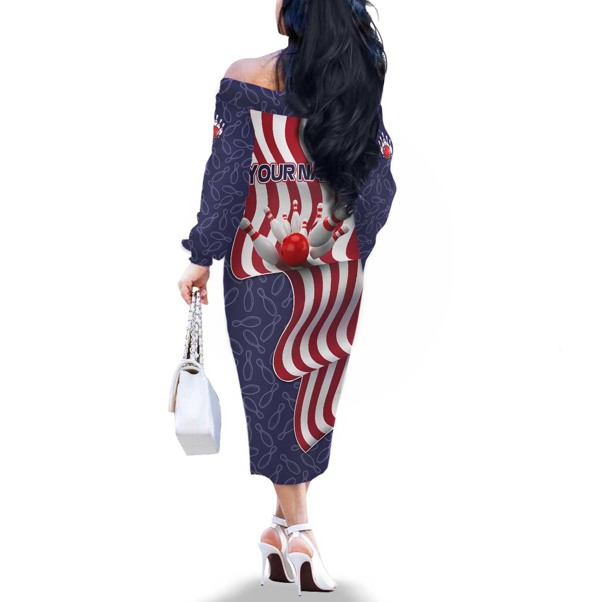 American Flag Bowling Pin Strike Graphic Family Matching Off The Shoulder Long Sleeve Dress and Hawaiian Shirt with Custom Name and Pattern Background - Wonder Print Shop